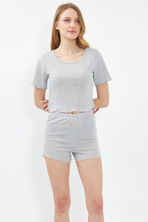 armonika armonika Women's Gray Corded Short Sleeve Crop Pajamas Set with Shorts