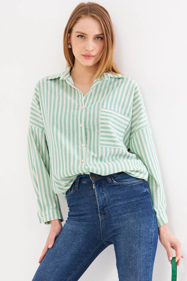 armonika armonika Women's Green Striped Long Sleeve Pocket Detailed Pleated Oversize Shirt