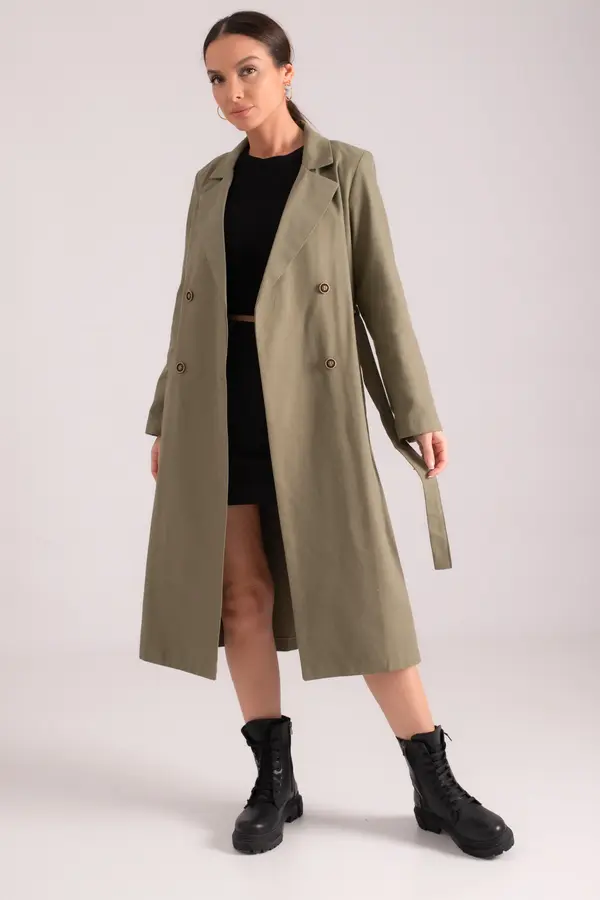 armonika armonika Women's Khaki Double Breasted Collar Waist Belted Long Trench Coat with Pocket