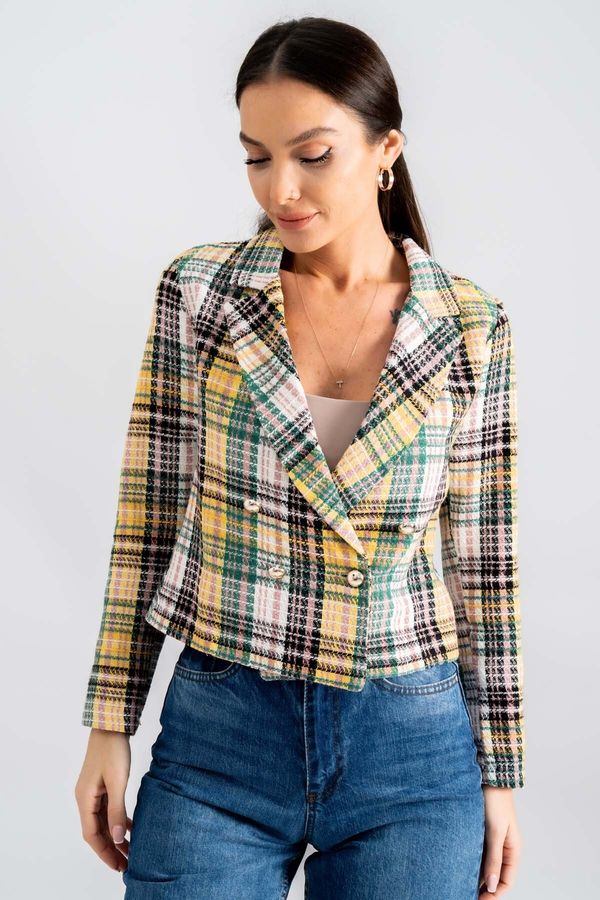 armonika armonika Women's Light Yellow Double Breasted Collar Tweed Crop Jacket