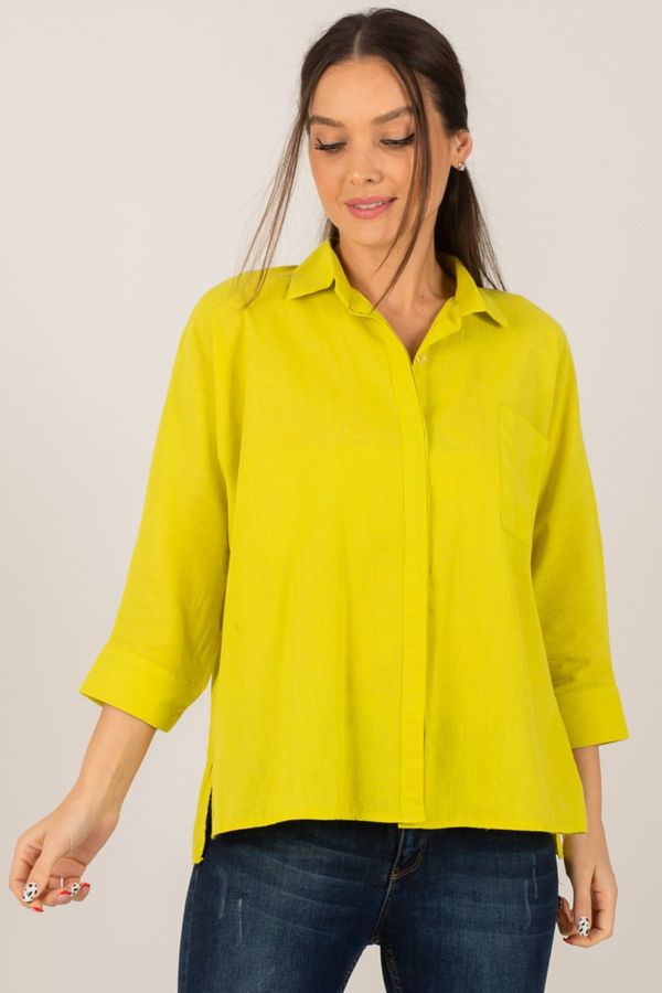 armonika armonika Women's Neon Green Pocket Loose Linen Shirt
