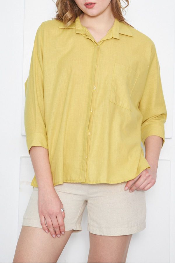 armonika armonika Women's Neon Green Pocket Loose Linen Shirt