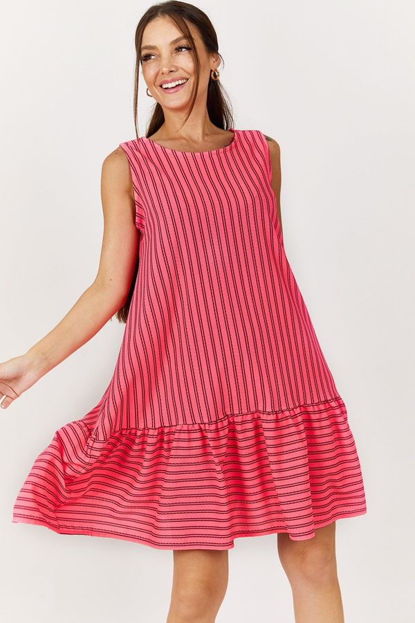 armonika armonika Women's Neon Pink Striped Skirt Ruffled Sleeveless Dress