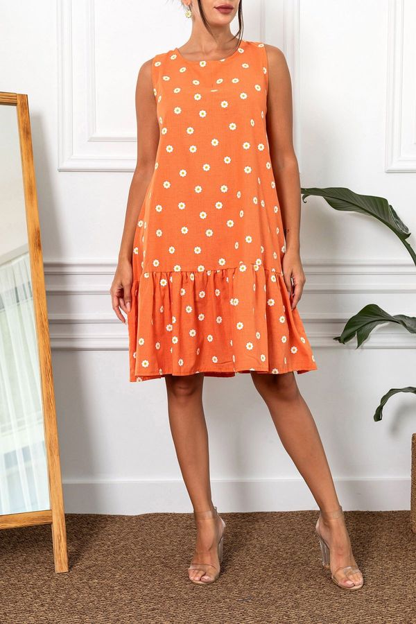armonika armonika Women's Orange Daisy Pattern Sleeveless Skirt with Ruffle Frilled Dress