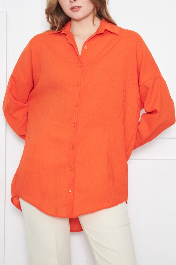 armonika armonika Women's Orange Oversize Textured Linen Look Wide Cuff Shirt