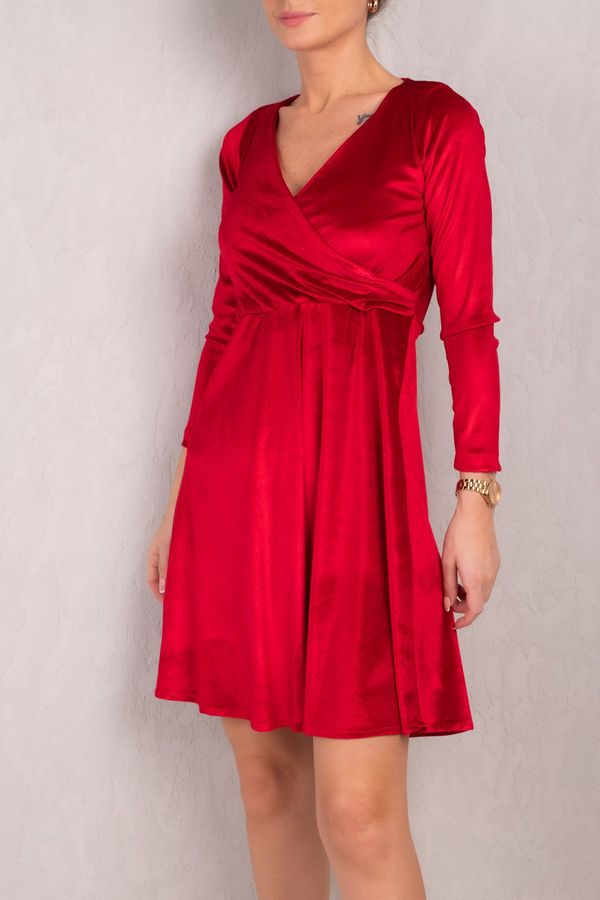 armonika armonika Women's Red Double Breasted Neck Long Sleeve Velvet Flared Dress