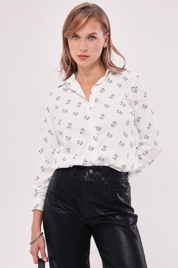 armonika armonika Women's White Floral Pattern Long Sleeve Shirt