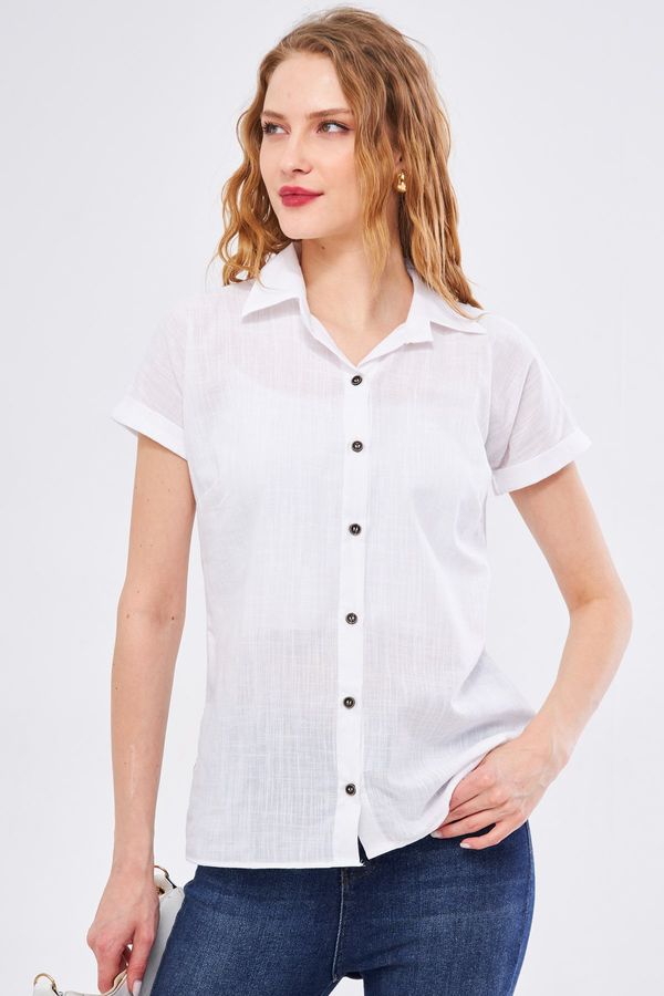 armonika armonika Women's White Short Sleeve Linen Shirt