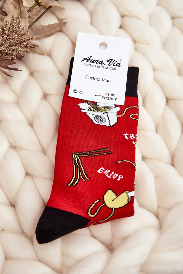 Aura.via Aura.via Men's Socks with Asian Noodle Patterns in Red