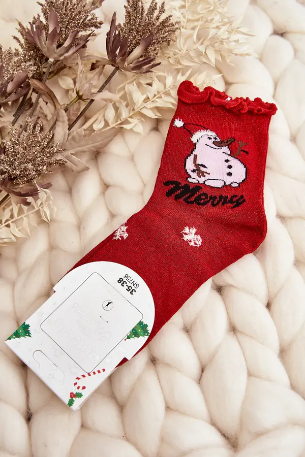 Aura.via Aura.via Women's Shiny Christmas Socks with Snowman Red