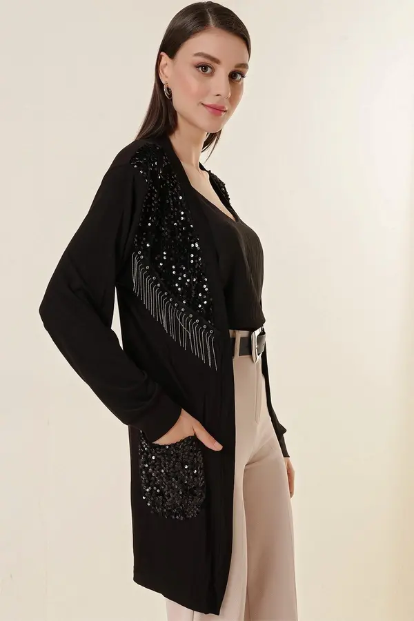 By Saygı Avtor Saygı bleščice in podrobnosti verige Lycra Cardigan z žepi črne.
