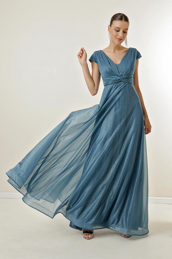 By Saygı Avtor Saygı spredaj zadaj V-vrat pol lunine rokave prevlečen podložena srebrno dolga obleka