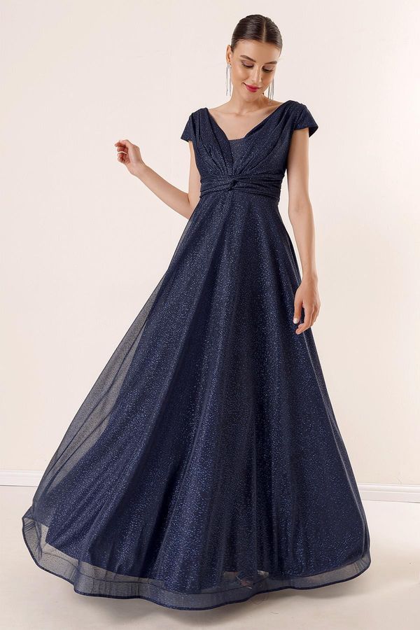 By Saygı Avtor Saygı spredaj zadaj V-vrat pol lunine rokave prevlečen podložena srebrno dolga obleka