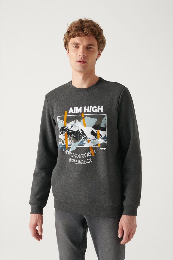 Avva Avva Men's Anthracite Crew Neck 3 Thread Fleece Printed Regular Fit Sweatshirt