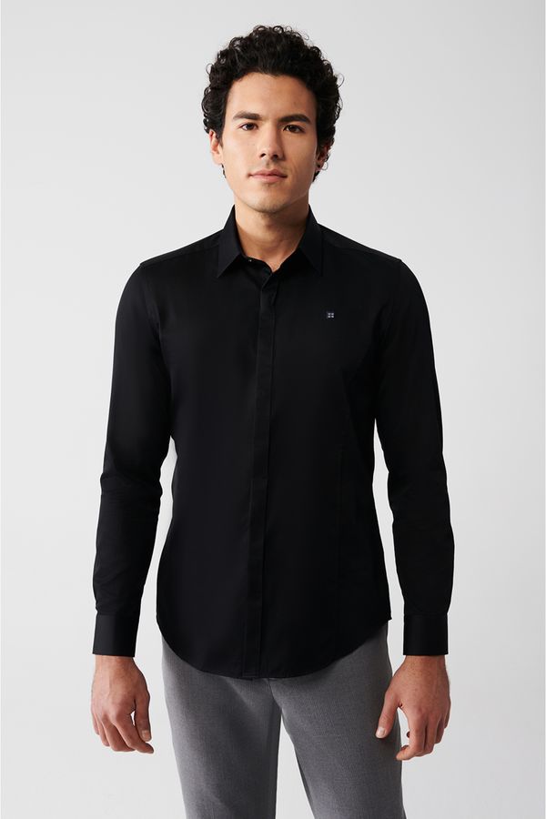 Avva Avva Men's Black 100% Cotton Classic Collar Slim Fit Satin Shirt