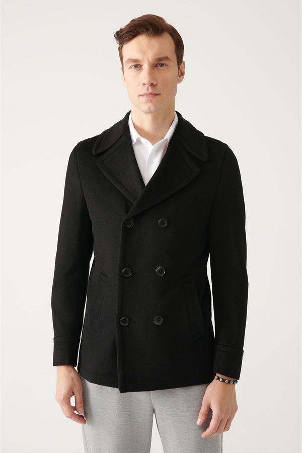 Avva Avva Men's Black Double Breasted Collar Woolen Cachet Comfort Fit Relaxed Cut Coat