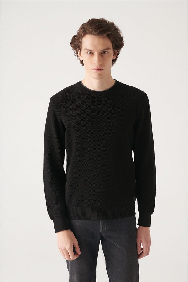 Avva Avva Men's Black Double Collar Textured Cotton Knitwear Sweater