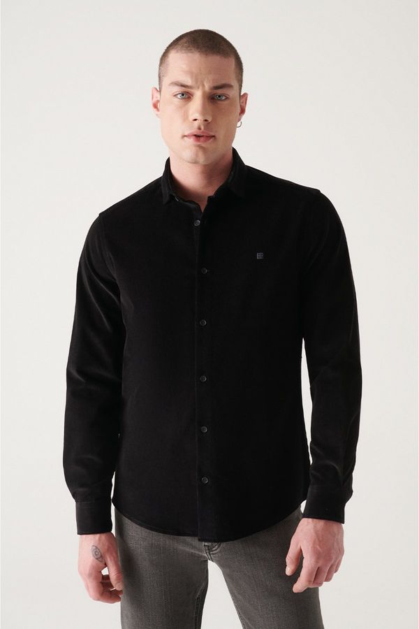 Avva Avva Men's Black Velvet Buttoned Collar Cotton Slim Fit Slim Fit Shirt