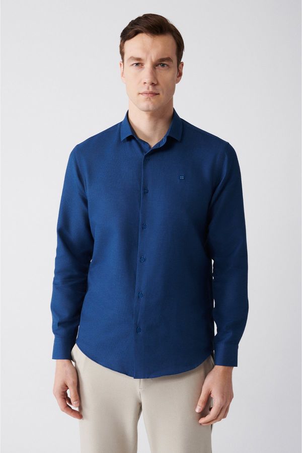 Avva Avva Men's Blue Easy-to-Iron Classic Collar Embossed Cotton Slim Fit Slim Fit Shirt