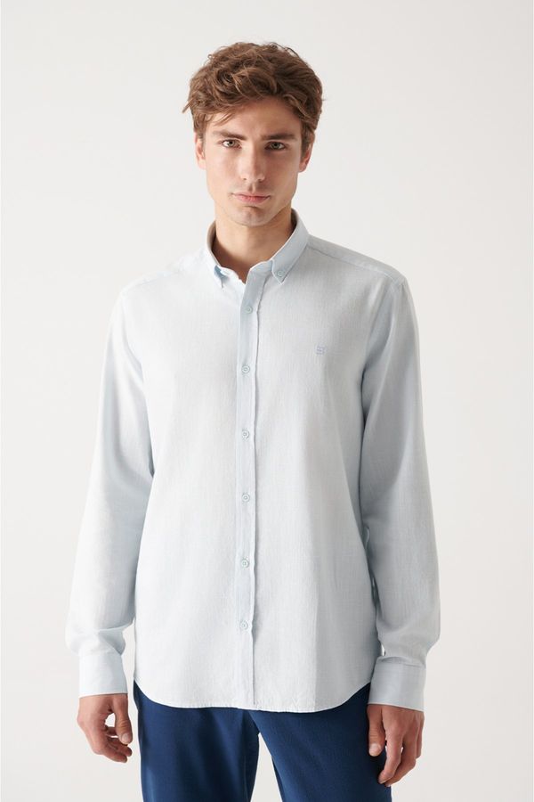 Avva Avva Men's Light Blue Button Collar Comfort Fit Comfort Fit 100% Cotton Linen Textured Shirt