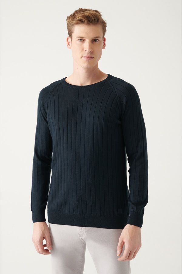 Avva Avva Men's Navy Blue Crew Neck Jacquard Slim Fit Slim Fit Knitwear Sweater