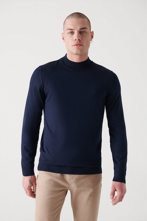 Avva Avva Men's Navy Blue Half Turtleneck Wool Blended Standard Fit Normal Cut Knitwear Sweater