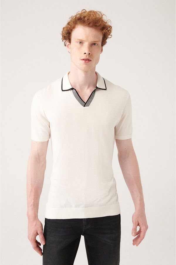 Avva Avva Men's White Buttonless Placket Stripe Detailed Ribbed Knit T-shirt