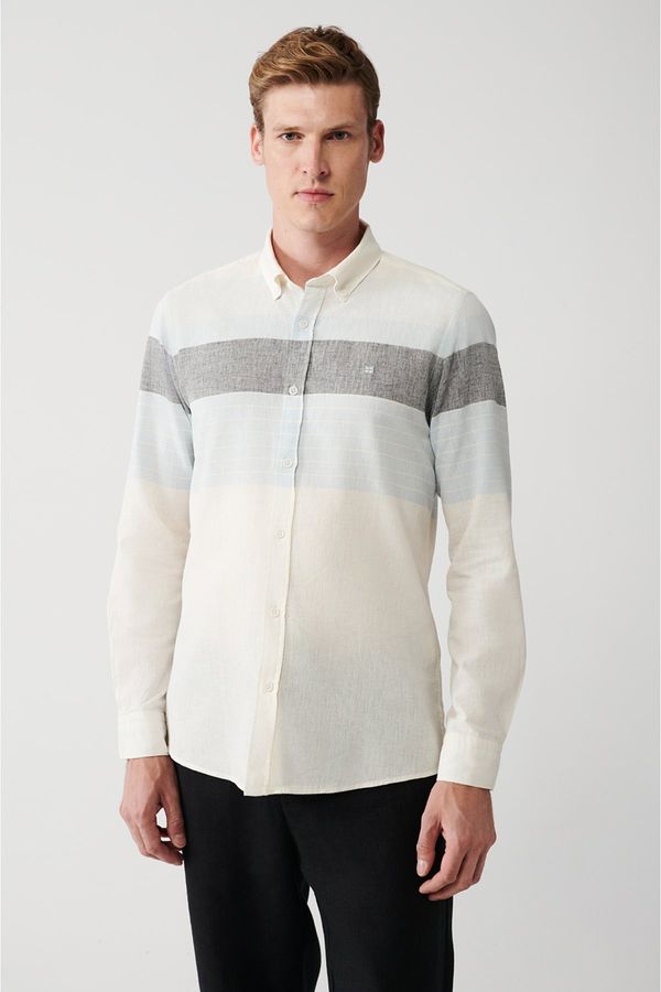 Avva Avva Men's White Cotton Linen Blend Buttoned Collar Striped Slim Fit Slim Fit Shirt