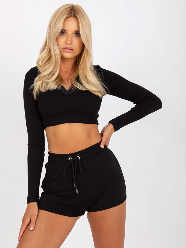 Fashionhunters Basic Black Short Sweatshirt Shorts with Tie