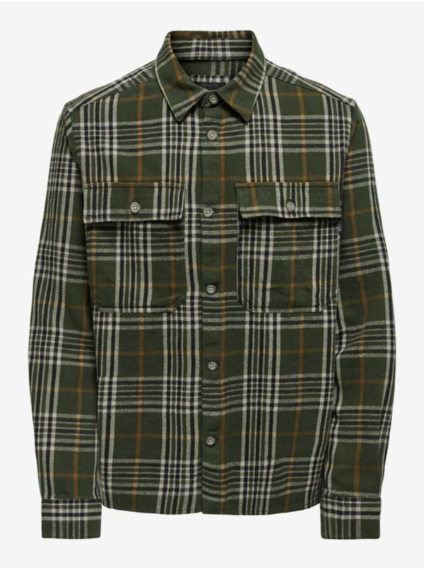 Only Beige-Green Mens Plaid Flannel Shirt ONLY & SONS Scott - Men