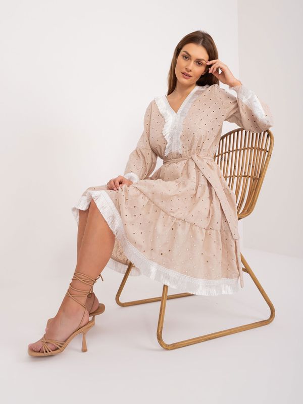 Fashionhunters Beige openwork dress with ruffles and belt