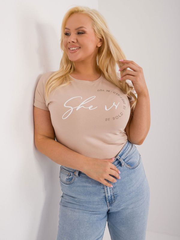 Fashionhunters Beige plus size T-shirt with rhinestone appliqué