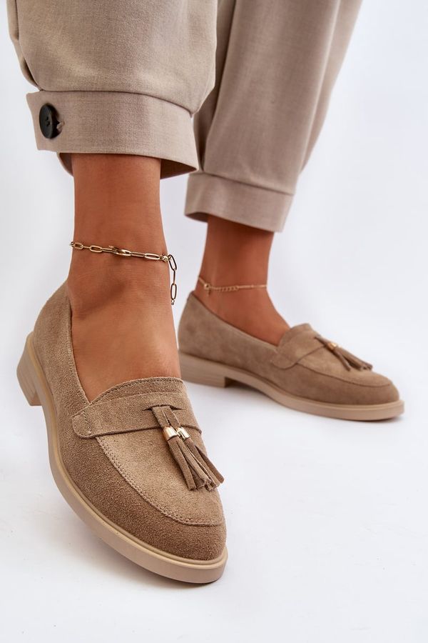 Zazoo Beige Women's Suede Moccasins With Flat Heel Zazoo 3420