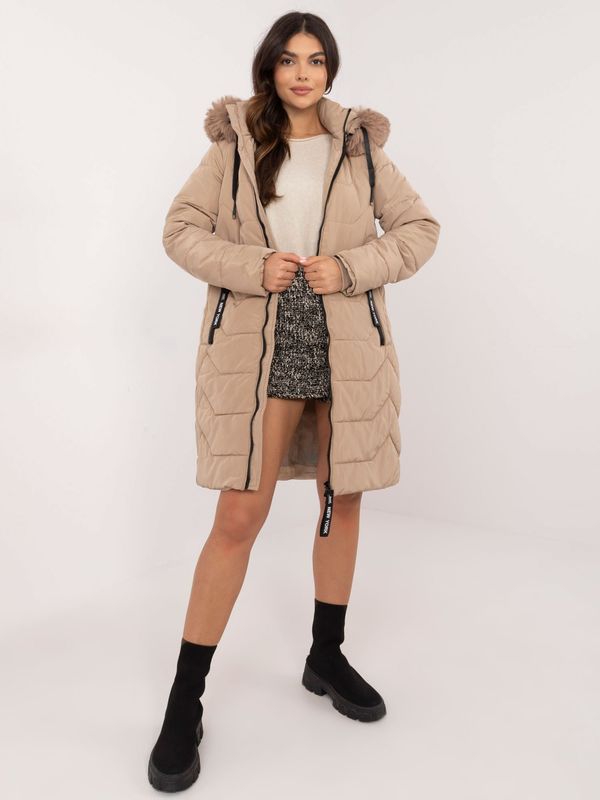 Fashionhunters Beige women's winter jacket with fur