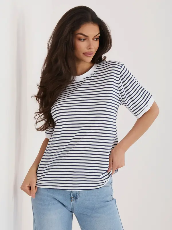 RUE PARIS Bela in modra majica z okroglim izrezom