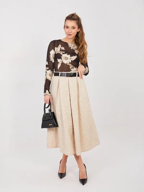 RUE PARIS Bež midi krilo s cvetličnim vzorcem