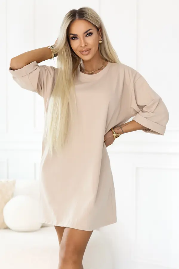 numoco basic Bež oversized obleka s kratkimi rokavi