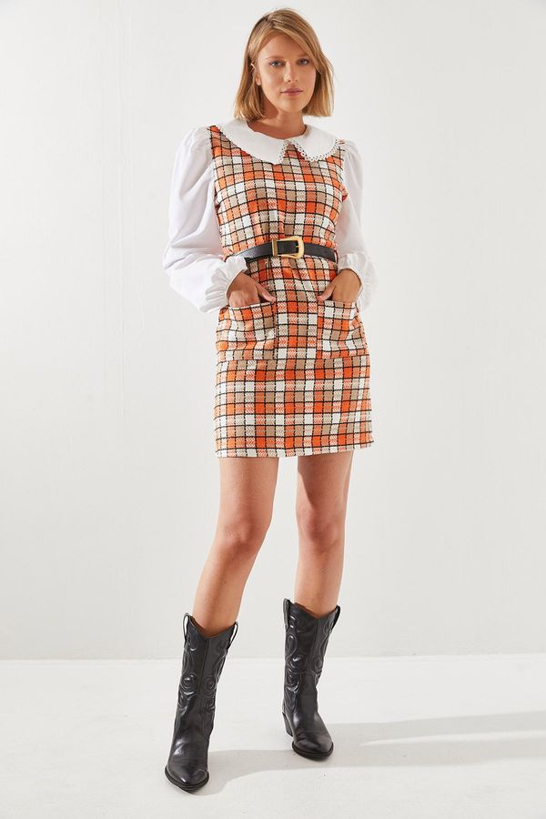 Bianco Lucci Bianco Lucci Women's Belted Plaid Patterned Collar Dress