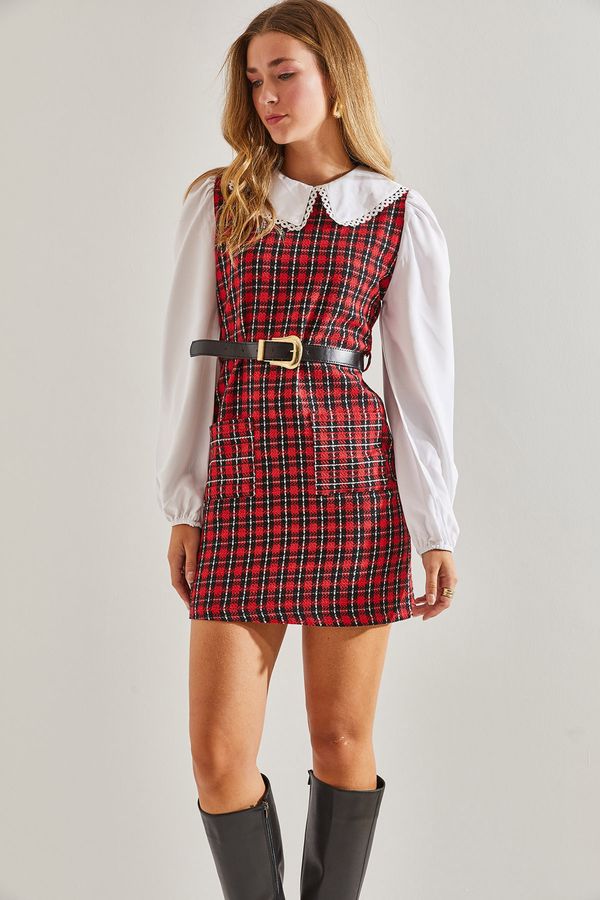 Bianco Lucci Bianco Lucci Women's Belted Plaid Patterned Collar Dress