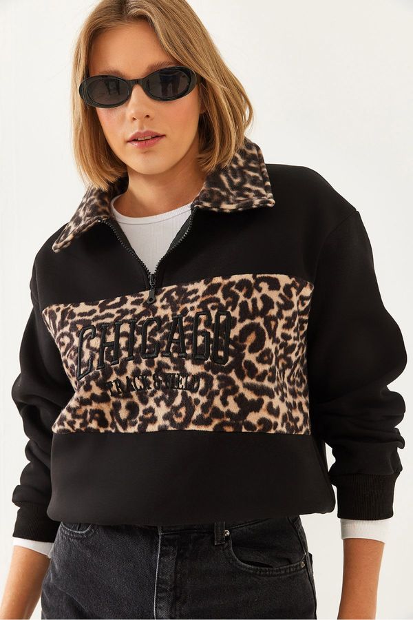 Bianco Lucci Bianco Lucci Women's Collar and Front Leopard Garnish Sweatshirt 6426