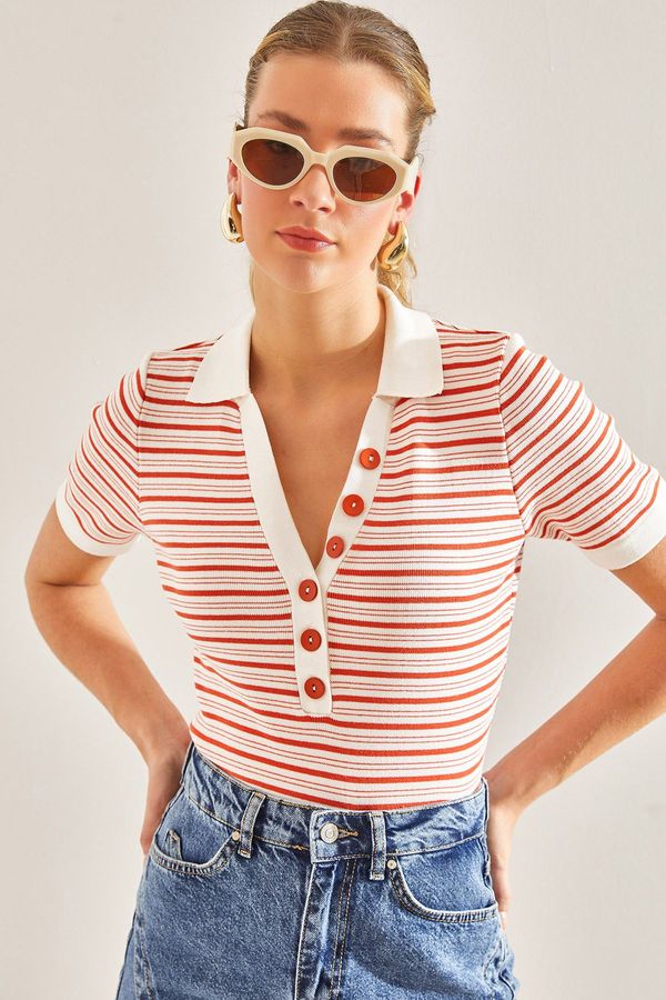 Bianco Lucci Bianco Lucci Women's Collar Buttonhole Striped Knitwear Blouse