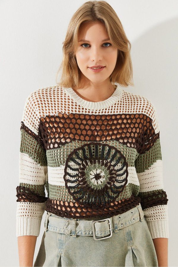 Bianco Lucci Bianco Lucci Women's Crew Neck Openwork Beaded Knitwear Sweater