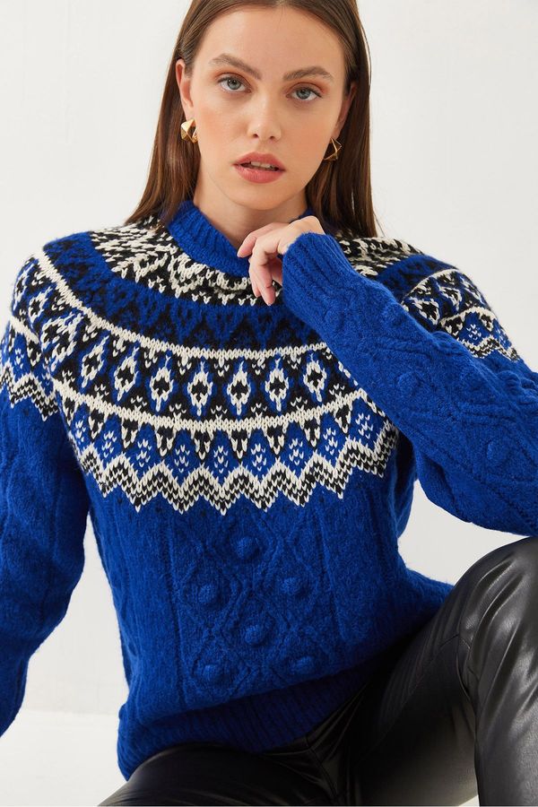 Bianco Lucci Bianco Lucci Women's Crew Neck Patterned Jacquard Knitwear Sweater