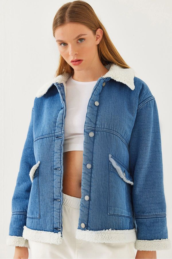 Bianco Lucci Bianco Lucci Women's Cup Detailed Plush Denim Coat 2449