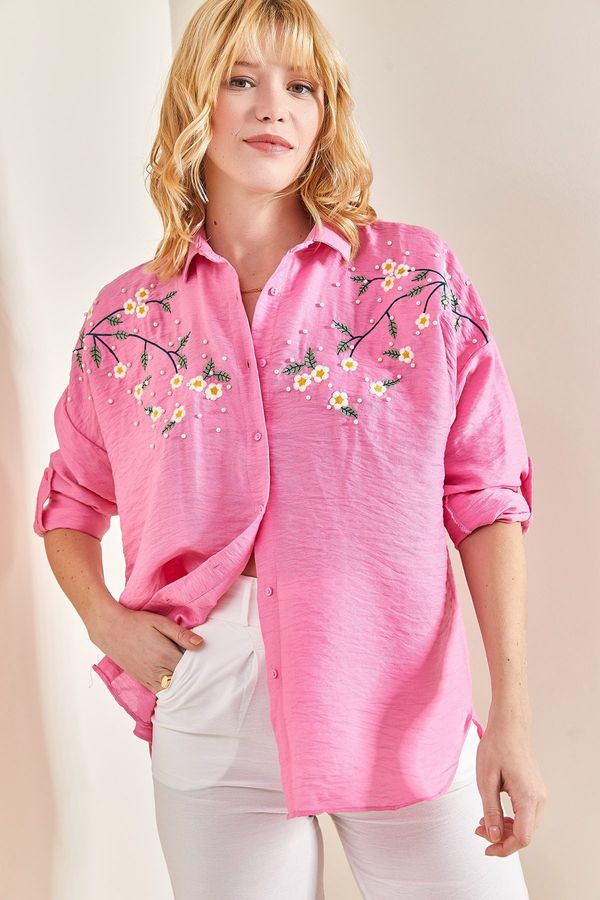 Bianco Lucci Bianco Lucci Women's Daisy Embroidered Sleeve Fold Ayrobin Linen Shirt