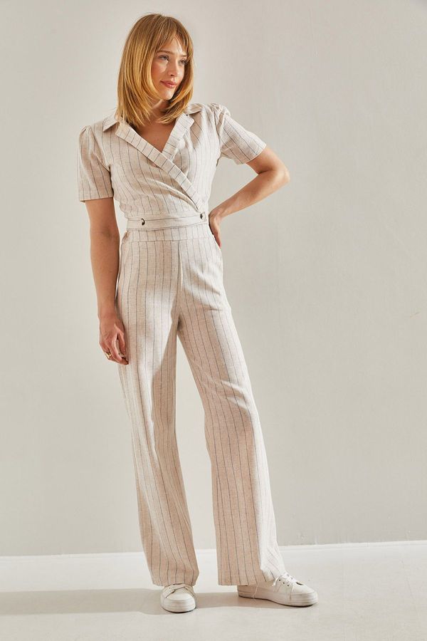 Bianco Lucci Bianco Lucci Women's Double Breasted Collar Button Detailed Bottom-Top Suit with Elastic Back Palazzo Trousers