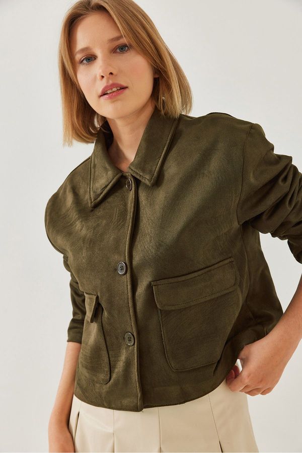 Bianco Lucci Bianco Lucci Women's Double Pocket Buttoned Suede Jacket 2499