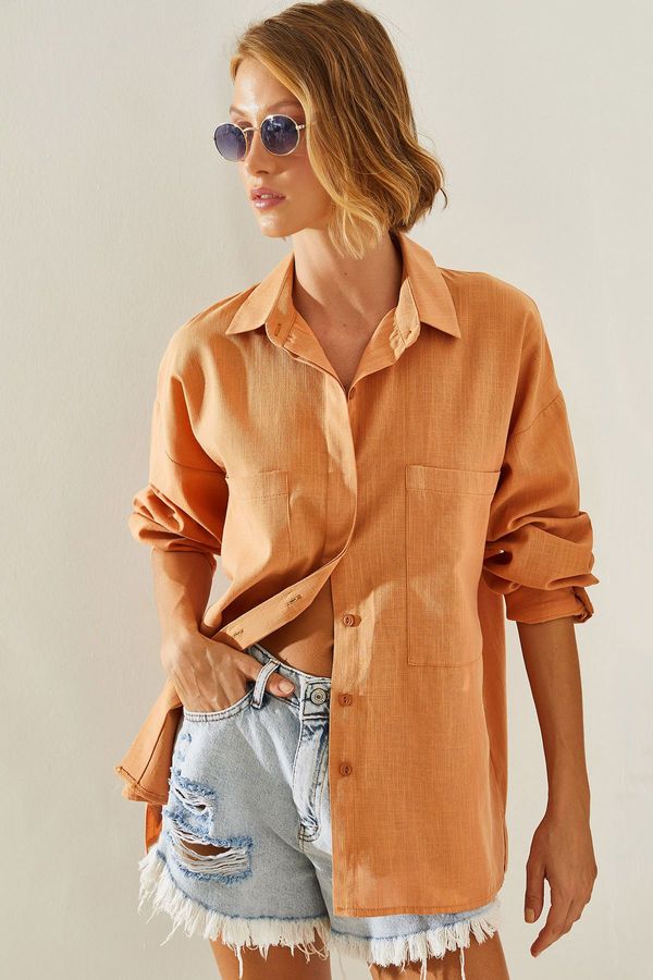 Bianco Lucci Bianco Lucci Women's Double Pocket Linen Shirt 8157