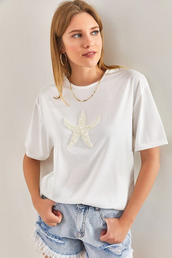 Bianco Lucci Bianco Lucci Women's Ecru Star Pearl Stone Embroidered Organic Cotton Combed Cotton T-shirt