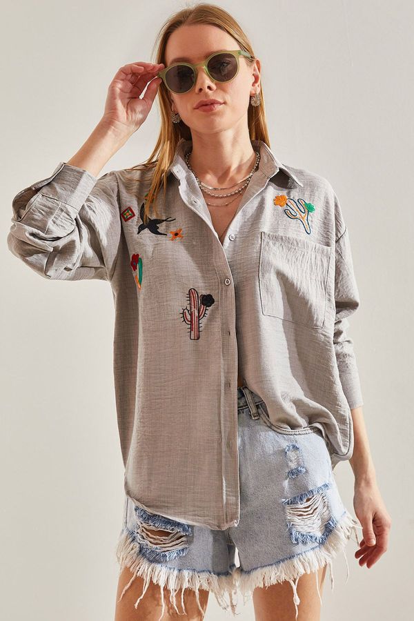 Bianco Lucci Bianco Lucci Women's Embroidered Linen Shirt